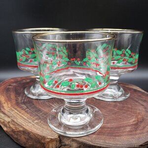 Set of 3 Arby’s Holly Mistletoe Sherbet Glasses Gold Rim Vintage 1980s Xmas